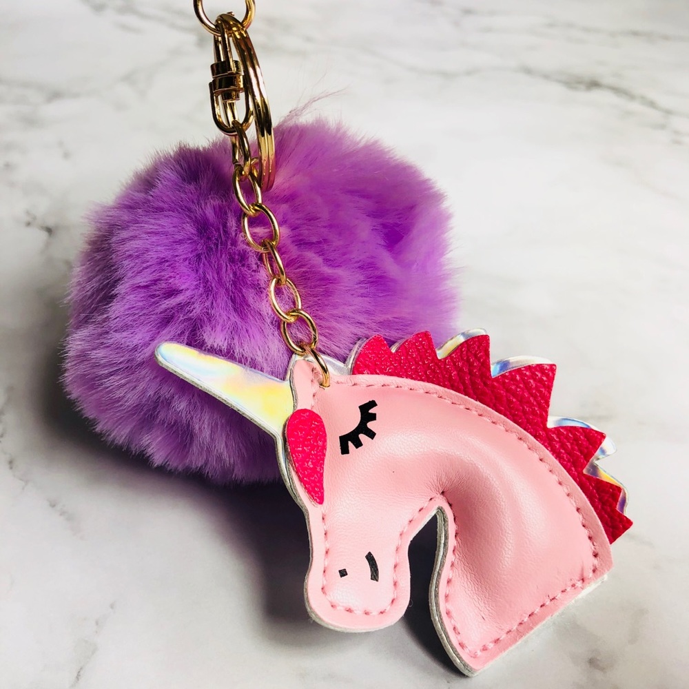 New! Unicorn Faux Fur Pom Pom Keychain Bag Charm - Picture 2 of 5